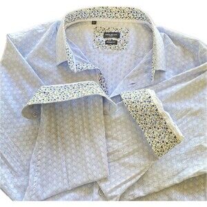 Rosso Milano Italy Dress Shirt Men L 16.5 Modern Fit Blue Floral Collar Trim